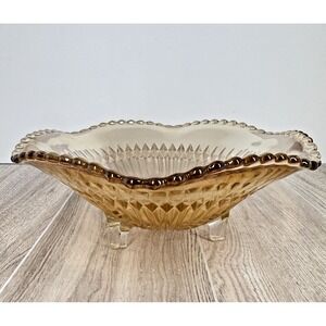 Vintage Amber Diamond Pattern Glass Footed Bowl Scalloped Rim Console Dish